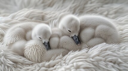 Obraz premium A pair of white birds perched on top of fluffy white comforters on top of a bed