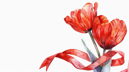 International Parkinson's awareness month concept, red tulip flowers with red ribbon symbol isolated on white background, April 11. Poster, banner, card, background.