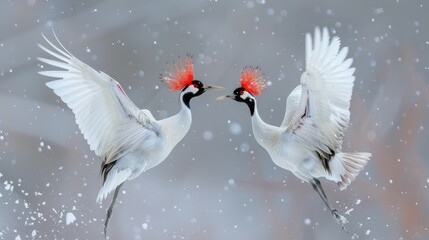  A pair of white birds soaring through snowy skies with white and red feathers against a snow-covered background