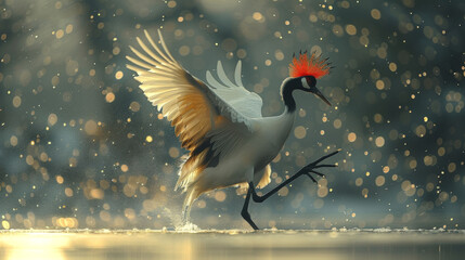  A painting depicts a bird with a red Mohawk headband and winged feet strolling over a waterbody