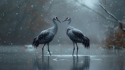 Fototapeta premium A few birds perched together atop a water body beneath a snowy sky