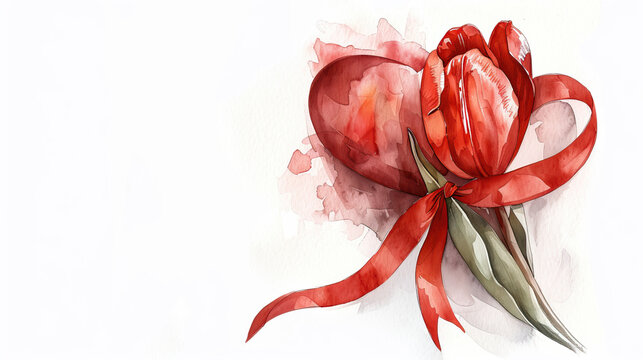International Parkinson's awareness month concept, red tulip flowers with red ribbon symbol isolated on white background, April 11. Poster, banner, card, background.