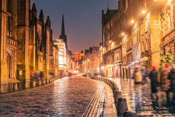 A night view of the High Street, a stretch also known as the Royal Mile, in Edinburgh Old Town, Scotland