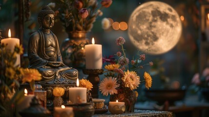 A close-up of a traditional Buddha Purnima altar, decorated with flowers, candles, and images of Buddha. The scene is set against the backdrop of a full moon, symbolizing enlightenment and peace.