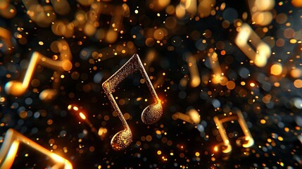 golden Luxurious 3D music notes isolated on black background . 
 - obrazy, fototapety, plakaty