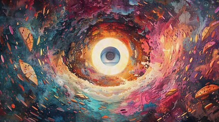 A captivating psychedelic artwork showcasing an eye amidst a vibrant cosmic landscape dotted with celestial bodies.