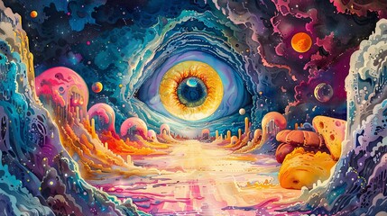 A captivating psychedelic artwork showcasing an eye amidst a vibrant cosmic landscape dotted with celestial bodies. - obrazy, fototapety, plakaty