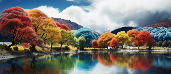 A serene lake is surrounded by vibrant trees with colorful leaves, set against a backdrop of majestic mountains under a clear blue sky - Powered by Adobe