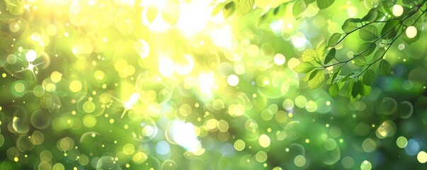 Blurred Green Nature with Sun Rays, Abstract Bokeh Light Effect - Perfect Spring Concept - obrazy, fototapety, plakaty