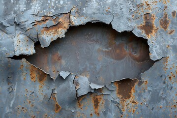 Torn steel metal hole background .