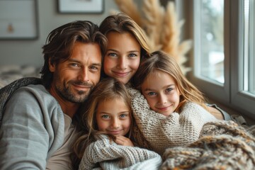 A warm and cozy portrait of a smiling family with two children cuddling together, radiating affection and contentment - obrazy, fototapety, plakaty