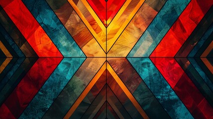 An abstract geometric mosaic of colorful triangles forming a mountainous pattern, with a luminous quality.	 - obrazy, fototapety, plakaty