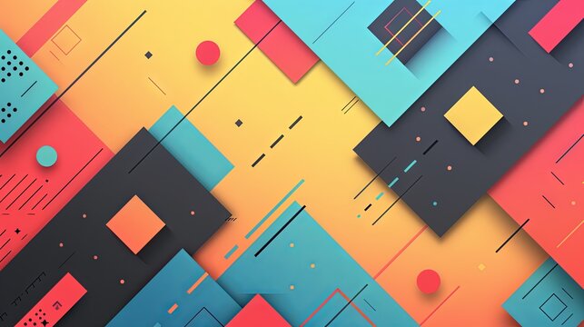 An abstract background featuring a vibrant composition of geometric shapes and lines with a dynamic, modern feel.