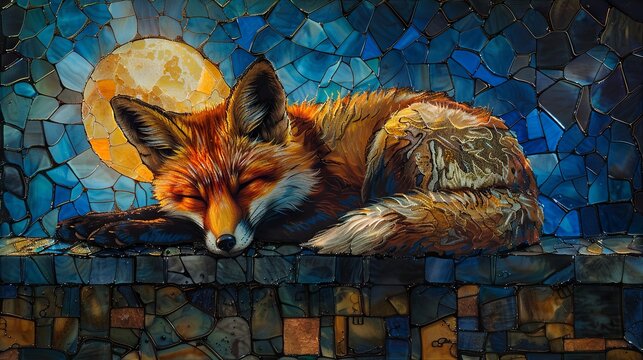 A serene illustration of a sleeping red fox curled up in a mystical, glowing forest environment.