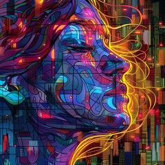 Vibrant digital portrait featuring a female cyborg amidst a backdrop of multicolored data bars.