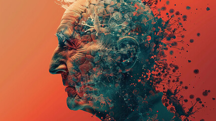 International Parkinson's awareness month concept, old man with degenerative disease logo, Mental health. Stroke, synapses and neurons interaction art, Poster, banner, card, background. - obrazy, fototapety, plakaty