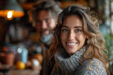 Beautiful woman with curly hair and a big smile, wearing a cozy sweater, man in background