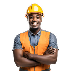 Handsome smiling afro american contractor. Builder Isolated on transparent background	