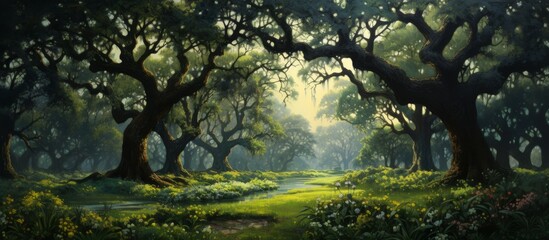 Obraz premium The suns rays filter through the canopy of trees in the forest, illuminating the natural landscape with a golden glow