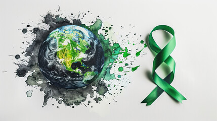 World Parkinson's Awareness Month background with green ribbon and black and white earth globe. 11 april  - obrazy, fototapety, plakaty