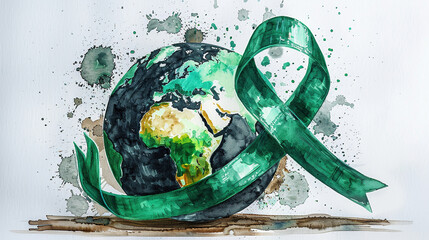 World Parkinson's Awareness Month background with green ribbon and black and white earth globe. 11 april 