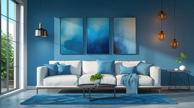 A contemporary living room featuring a bold blue accent wall, where multiple framed paintings create a captivating gallery display