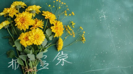 Some yellow flowers on the green chalkboard and there is something written by white chalk