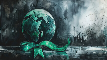 World Parkinson's Awareness Month background with green ribbon and black and white earth globe. 11 april 