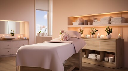 Wellness and spa, interior room with massage table in spa salon.
