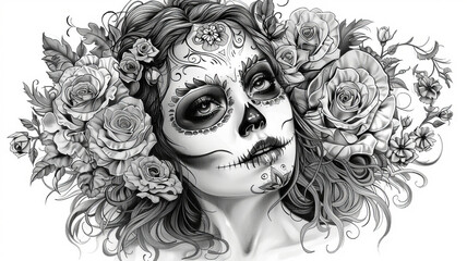 dia de los muertos girl fad with roses. Tattoo style artwork white background,generative ai