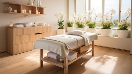 Wellness and spa, interior room with massage table in spa salon.
