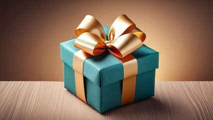 Fototapeta premium A blue box with gold ribbons on top of it. The box is sitting on a wooden table