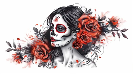 Fotobehang dia de los muertos girl fad with roses. Tattoo style artwork white background,generative ai © JKLoma