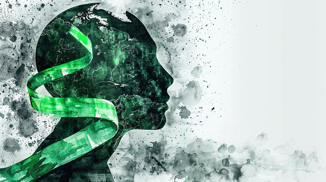 concept of Parkinson's disease day , 11 april, Alzheimer awareness day, dementia diagnosis, memory loss disorder, , black and white human silhouette with green ribbon 