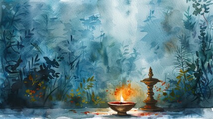 A delicate watercolor scene depicting a serene morning in Kerala with a traditional lamp lit in the foreground, symbolizing the start of the Vishu New Year.
