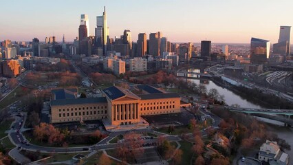 Philadelphia Skyline and Art Museum Area Drone Footage at Sunset