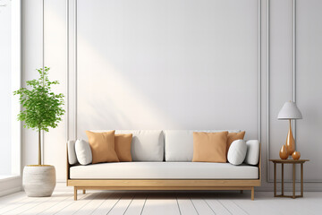 Bright and cozy modern living room interior have sofa and lamp with white wall background - obrazy, fototapety, plakaty