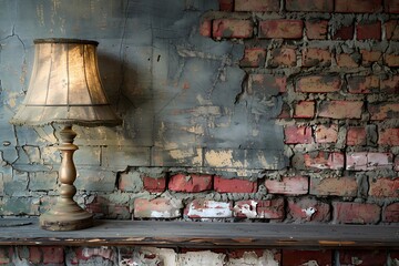 Vintage lamp near old cracked bricks wall .