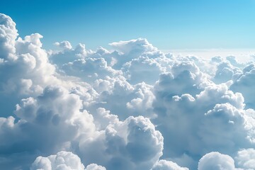 White clouds on blue sky background close up, cumulus clouds high in azure skies, beautiful aerial cloudscape view from above, sunny heaven landscape, bright cloudy sk. - obrazy, fototapety, plakaty