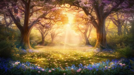  Sunlight filters through tree trunks, illuminating a dense forest carpeted with bluebell and wildflower blooms Painting captures the ethereal beauty of nature'