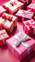 A stack of pink boxes with bows on them, one of which has a red bow on top