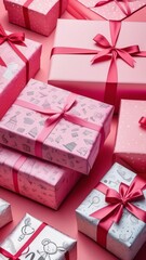 A stack of pink boxes with bows on them, one of which has a red bow on top