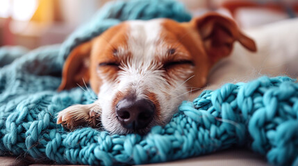 Young dog jack russell terrier sleeping on turquoise blanket. Generative AI - obrazy, fototapety, plakaty