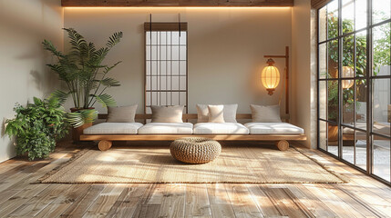 Minimalistic, sophisticated, light interior of an empty living room designed in the Japanese style with a wooden sofa, coffee table, and traditional lamp; space for spending time alone and with family