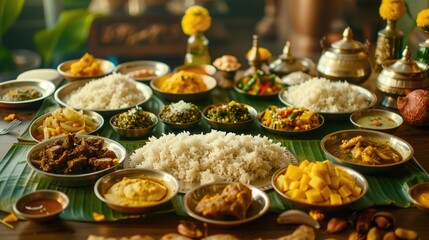 Naklejka premium A festive Vishu feast, known as Sadya, served on a banana leaf with an array of traditional dishes. The scene highlights the culinary traditions