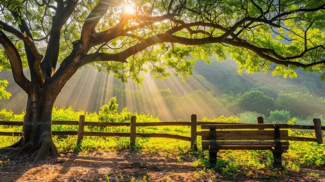  The sun shines through the trees, illuminating the grass and wooden fence in the foreground