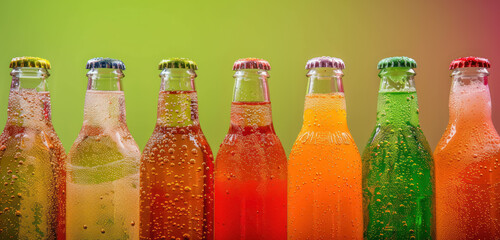 assorted fizzy soda bottles with vibrant colors and bubbles