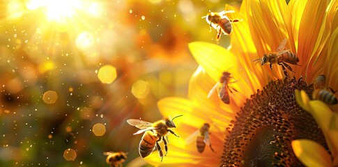 Close-up of a bee collecting honey from a blooming yellow sunflower. Preparation of natural honey. Sunflower and bee as a symbol of summer, health. AI generated illustration - obrazy, fototapety, plakaty