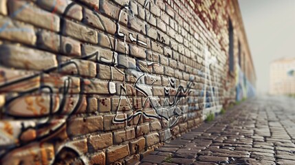 A hyper-realistic depiction of a brick wall partially covered in graffiti under the soft, diffused...
