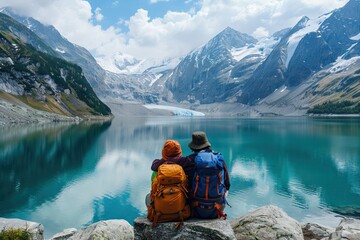 Couple of tourist sitting on the mountain lake on sunny summer day. AI generated illustration